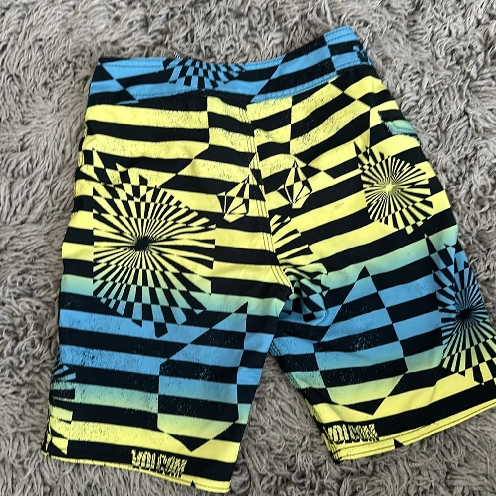 Volcom Boys Black Yellow Blue Striped Swim Trunks